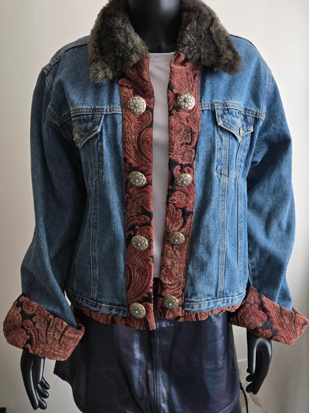 Short, aesthetic, value forward T.P. Saddle Blanket & Co. Denim + Tapestry Faux
